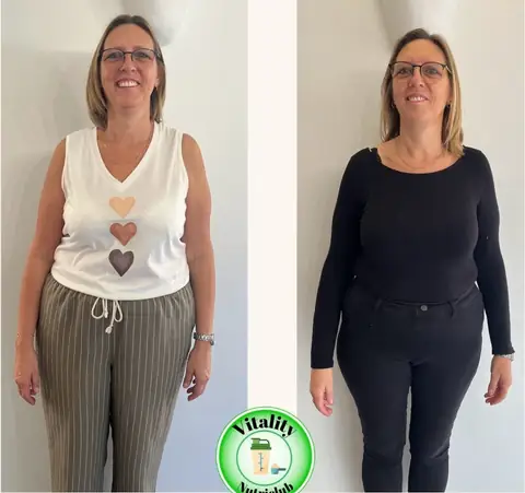 Une membre du club Vitality Nutriclub vue de face, en montage avant puis après